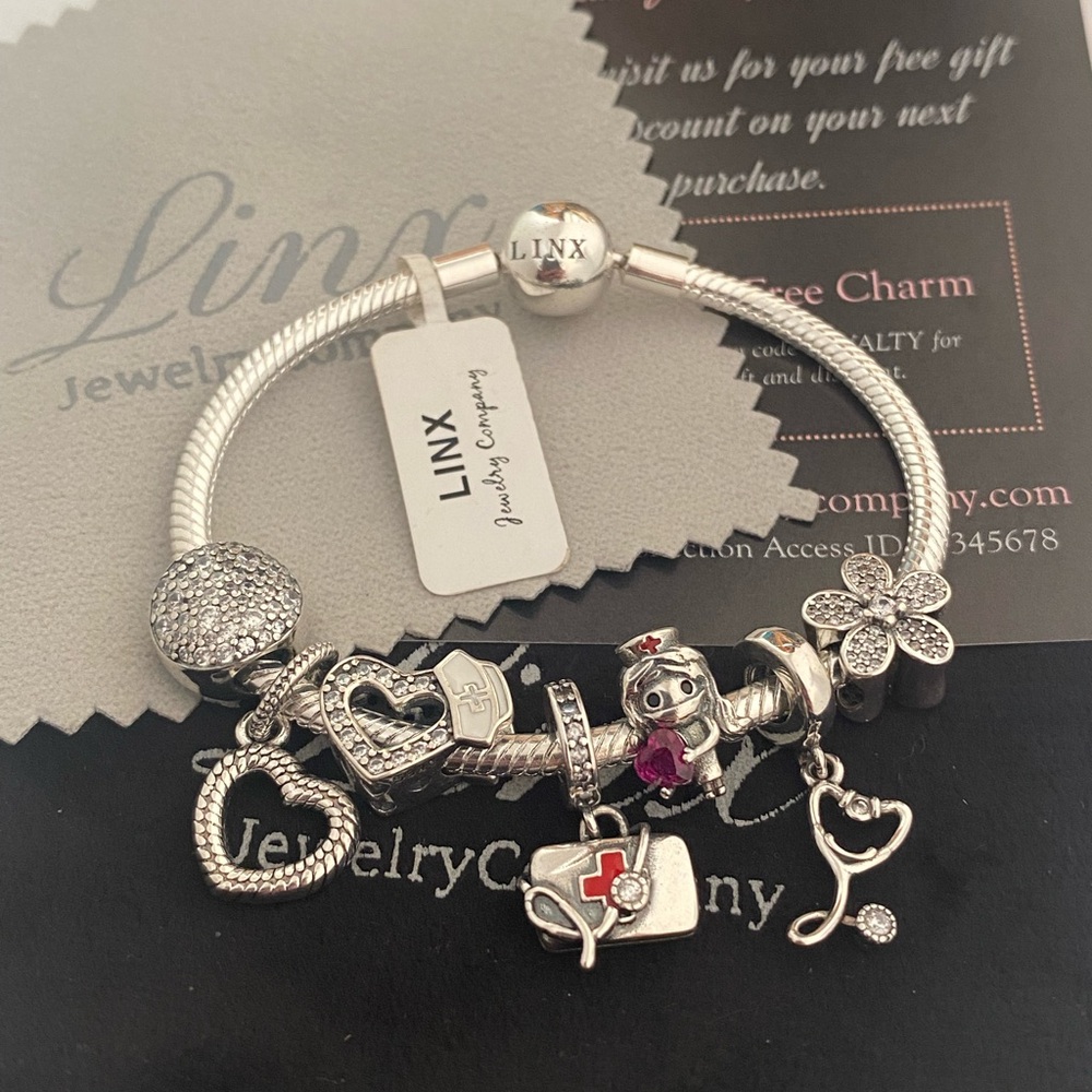 Linx Snake Chain Bracelet with Nurse Themed Charms 925 sterling silver